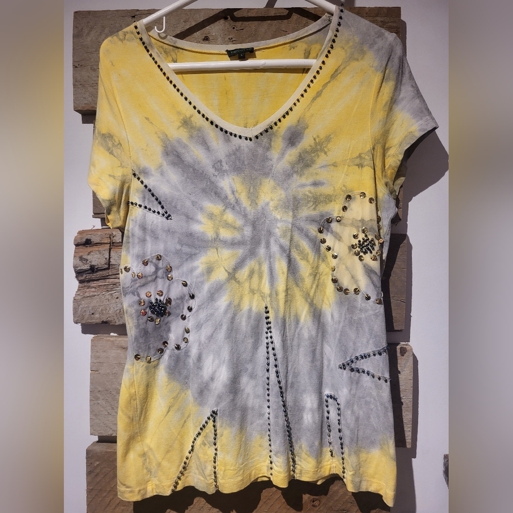Yellow and Gray Tie-Dye Embellished Women's Top